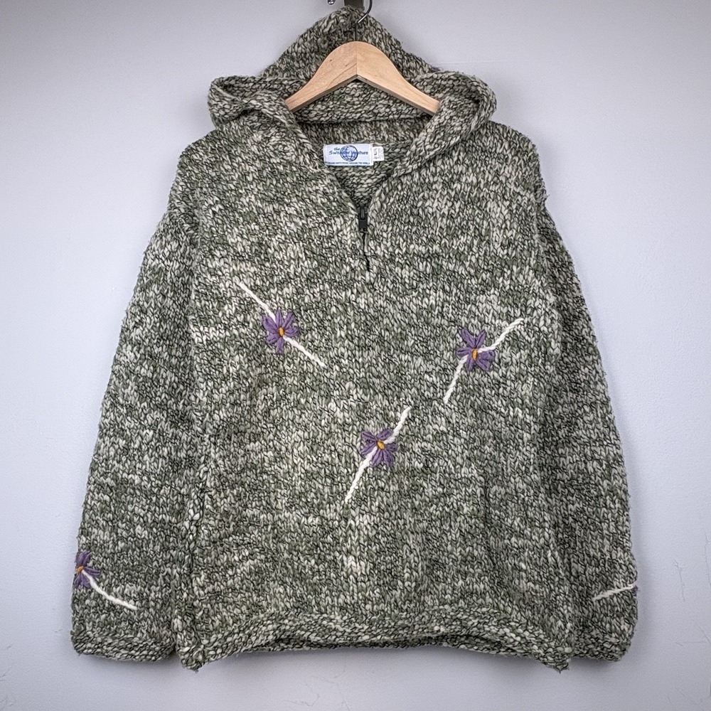 Vtg The Sweater Venture Hand Knit Wool Hooded‎ Jacket Womens L Floral Fairy Boho